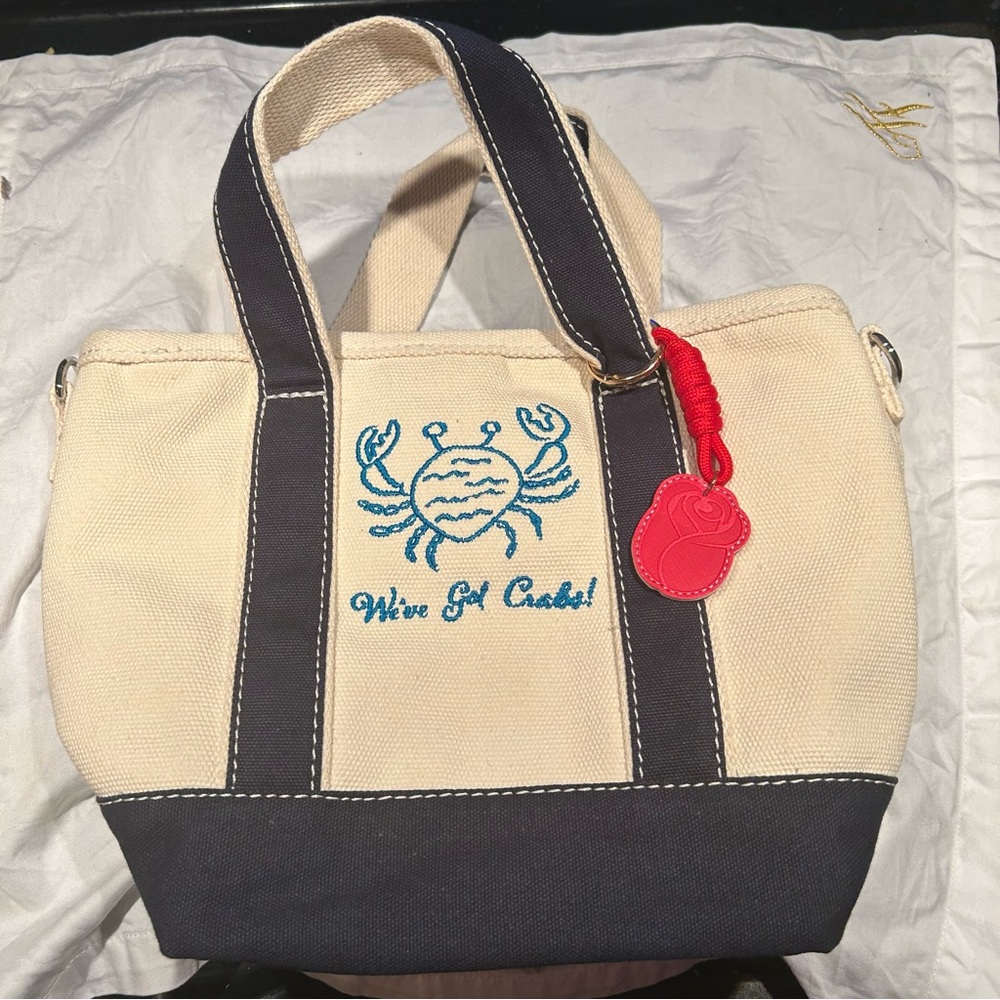 Lands End Embroidered Canvas small Tote Bag - cream/ navy